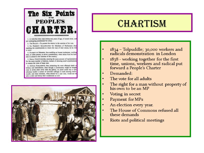 CHARTISM   1834 – Tolpuddle; 30,000 workers and radicals demonstration in London 1838